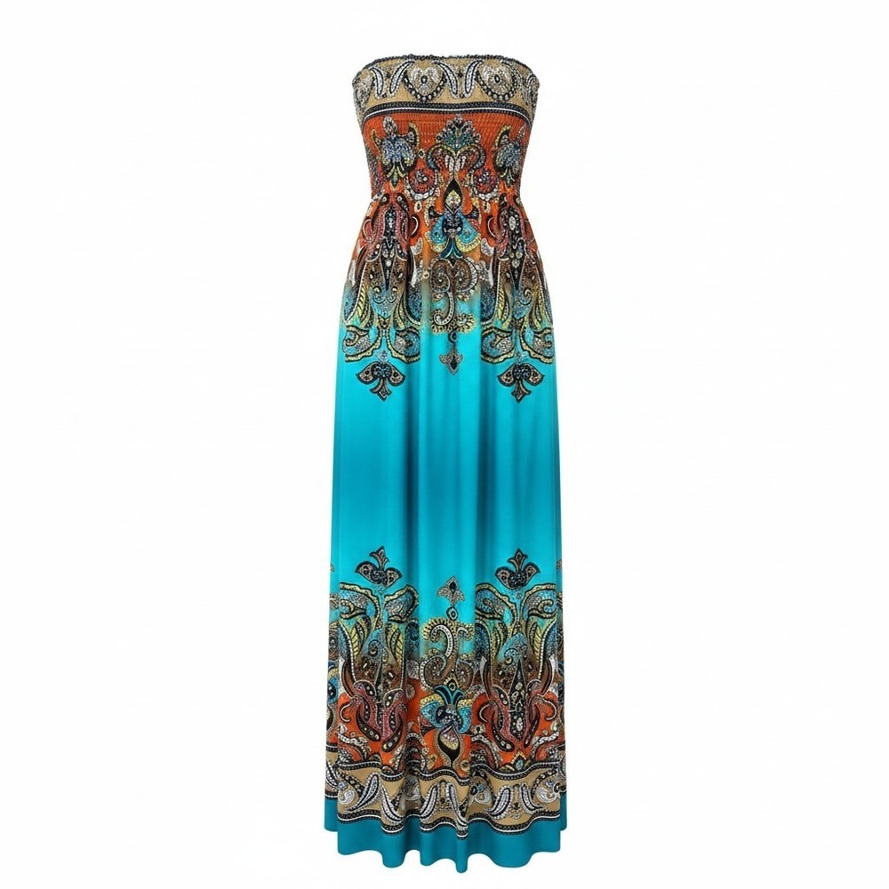 Venus Womens Small Paisley Smocked Strapless Maxi Dress Turquoise Orange Boho - Picture 2 of 6